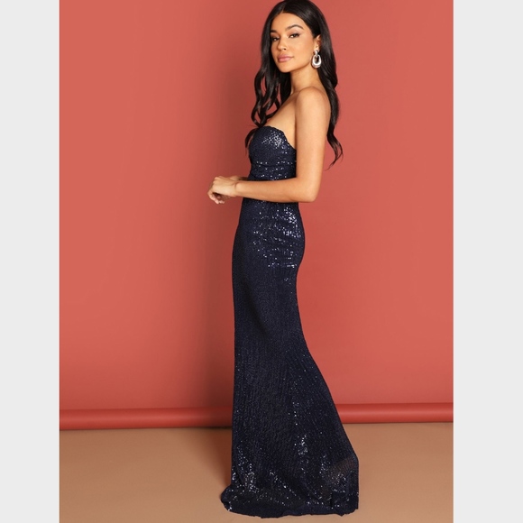 Navy Sequin Strapless Gown Long Dress Bodycon - Picture 2 of 8